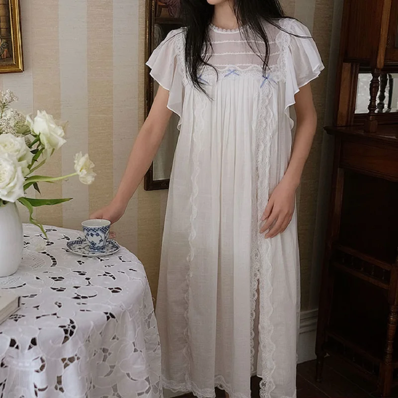 

Vintage Cotton Delicate Embroidery Women's Long Nightgowns Ruffles Short Sleeve Royal Princess Long Night Dress Large Size