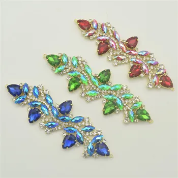 

2pcs three color Glass Resin Rhinestone Gold Flower Applique Chain Crystals Rhinestones Applique For DIY Evening Dress