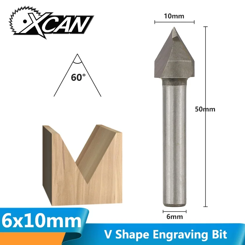XCAN 1 шт. 6x10 мм 60 градусов V Форма фаска концевые фрезы для деревообработки 3D фрезы V паз фрезы