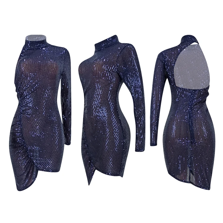 A120212 wholesale price high neck one sleeve irregular bodycon mini dress club party sequin Sexy Lady Fashion Bodycon Dress