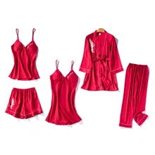 5 шт., сексуальный пижамный комплект, Женский Атласный халат, кружевные шорты на бретельках, летний халат, одежда для сна с нагрудники