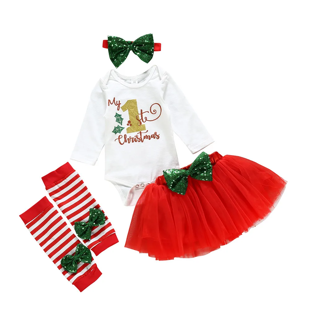 My first christmas/Одежда для девочек; комплект одежды для малышей; комбинезон с длинными рукавами; платье-пачка; повязка на голову; комплект осенней одежды - Цвет: Красный