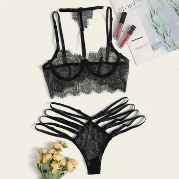 

pyjamas women pijama mujer sexy lingerie Women Plus Size Lace Lingerie Bra+Thong Underwear Set Black Sleepwear пижама