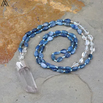 

Natural Blue Kyanite Nugget Chip Beads Yoga Necklace,White Quartz Spike Pendant Beads Handmade Knot Necklace N0270AMCG
