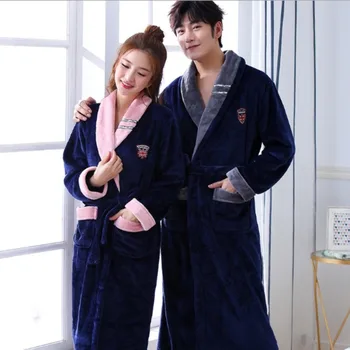 

Couple Nightgown Flannel Bathrobe Women Cardigan Belt Pocket Sexy Robe Thick Warm Luxurious Homewear Nightwear Winter Korean