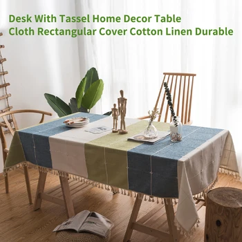 

Table Cloth With Tassel Durable Desk Cotton Linen Dust Proof Lattice Pattern Kitchen Home Decor Rectangular Cover Placemat