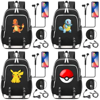 

New Anime Squirtle Pokemon Backpack USB Headphone Jack Boys Girls School bag Women Teenagers Canvas Men Laptop Backpack Packsack