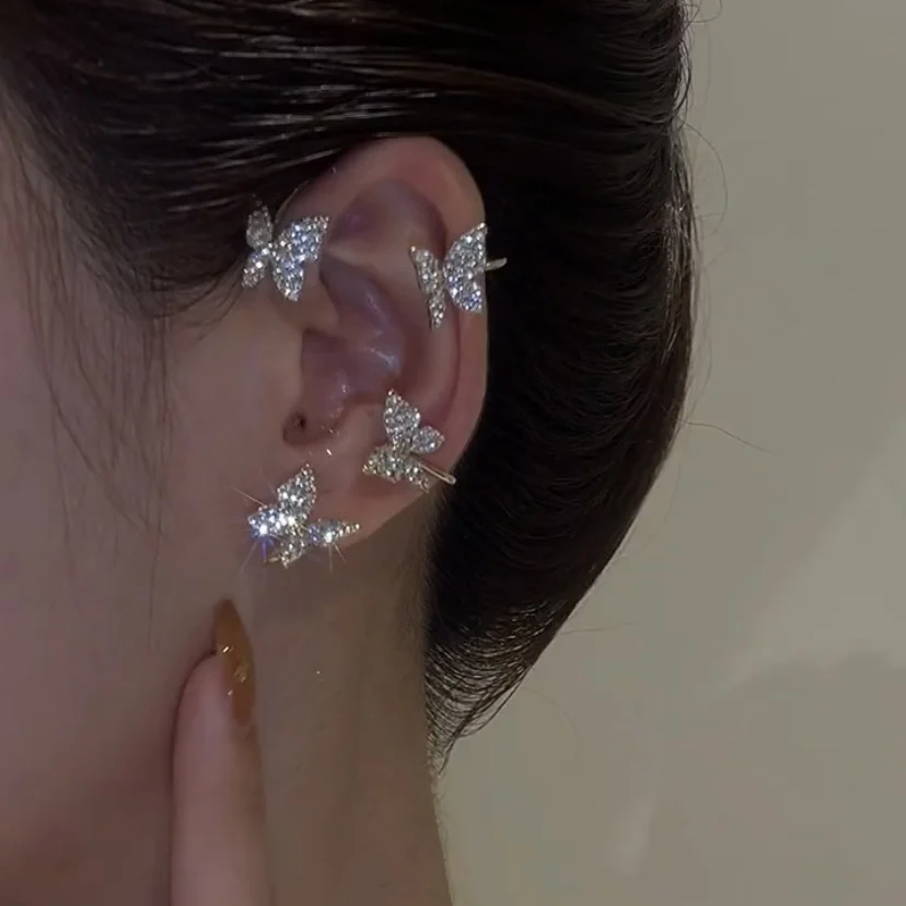 Ear Clip Earrings Gold Silver Color Metal Butterfly Ear Clips Without Piercing For Women Sparkling Zircon Ear Cuff Clip Earrings Wedding Jewelry