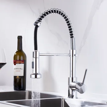 

Kitchen Faucets chrome Faucets for Kitchen Sink Single Lever Pull Down Spring Spout Mixers Tap Hot Cold Water Crane 360 Rotation
