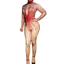 

Red Rhinestones Shiny Costume For Women Striped Jumpsuit Backless Personality Performance Costume Ladies Nightclub Dance Costume