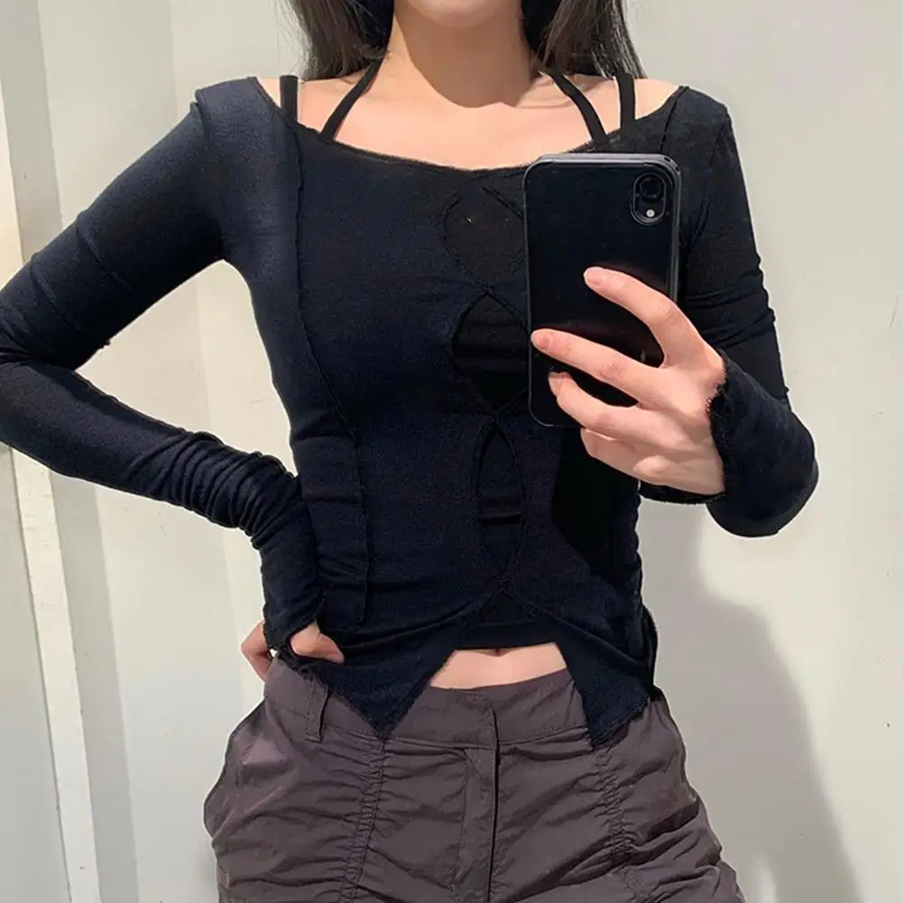 Women Blouse Long Sleeve Chest Hollow Out Slit Hem Slim Blouse Female Shirt Woman Blouse And Top Clothing 2