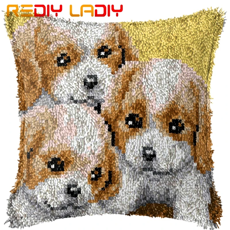Latch Hook Cushion Three Puppies Pre Printed Canvas Cushion Front