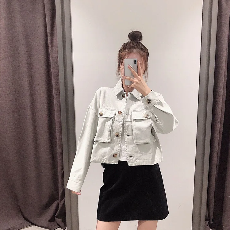 

Overplus of Goods Exported to Europe And US Women's Fold-down Collar Long Sleeve Jeans Coat 2019 Spring And Autumn New Products