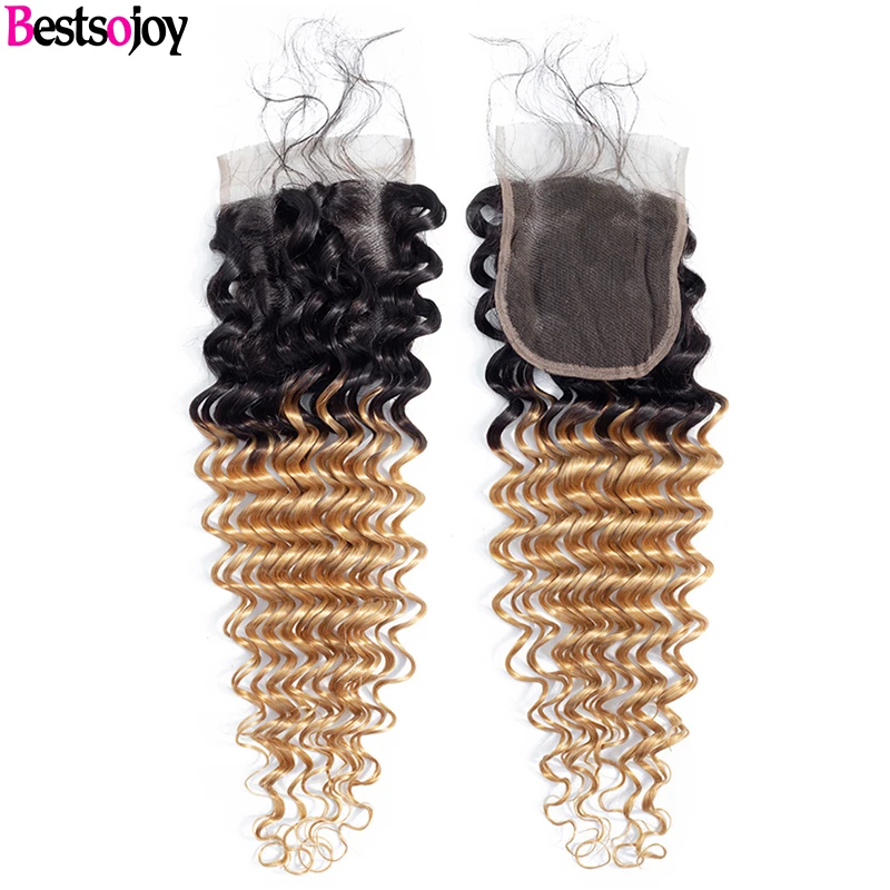 Bestsojoy 3 Brazilian Ombre Deep Wave Bundles With Closure Colored 1B 27 Honey Blonde Bundles With Closure Remy Human Hair