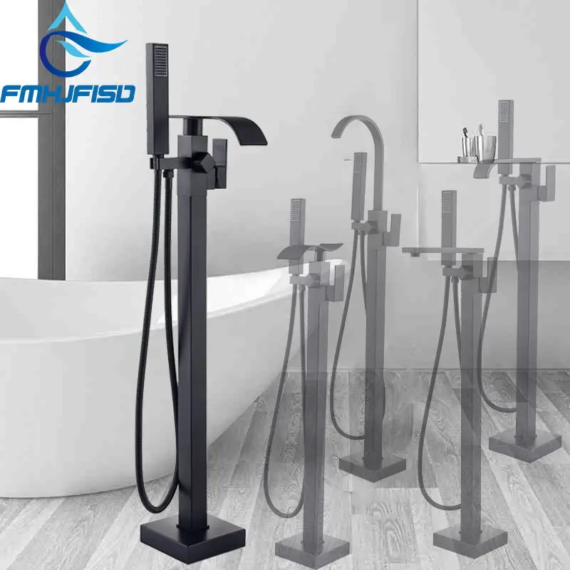 Bathroom Bathtub Faucet Black Brass Tub Faucet Floor Mounted Shower Mixer Tap Waterfall Spout Free Standing Hot and Cold Mixer bathtub faucet water mixer