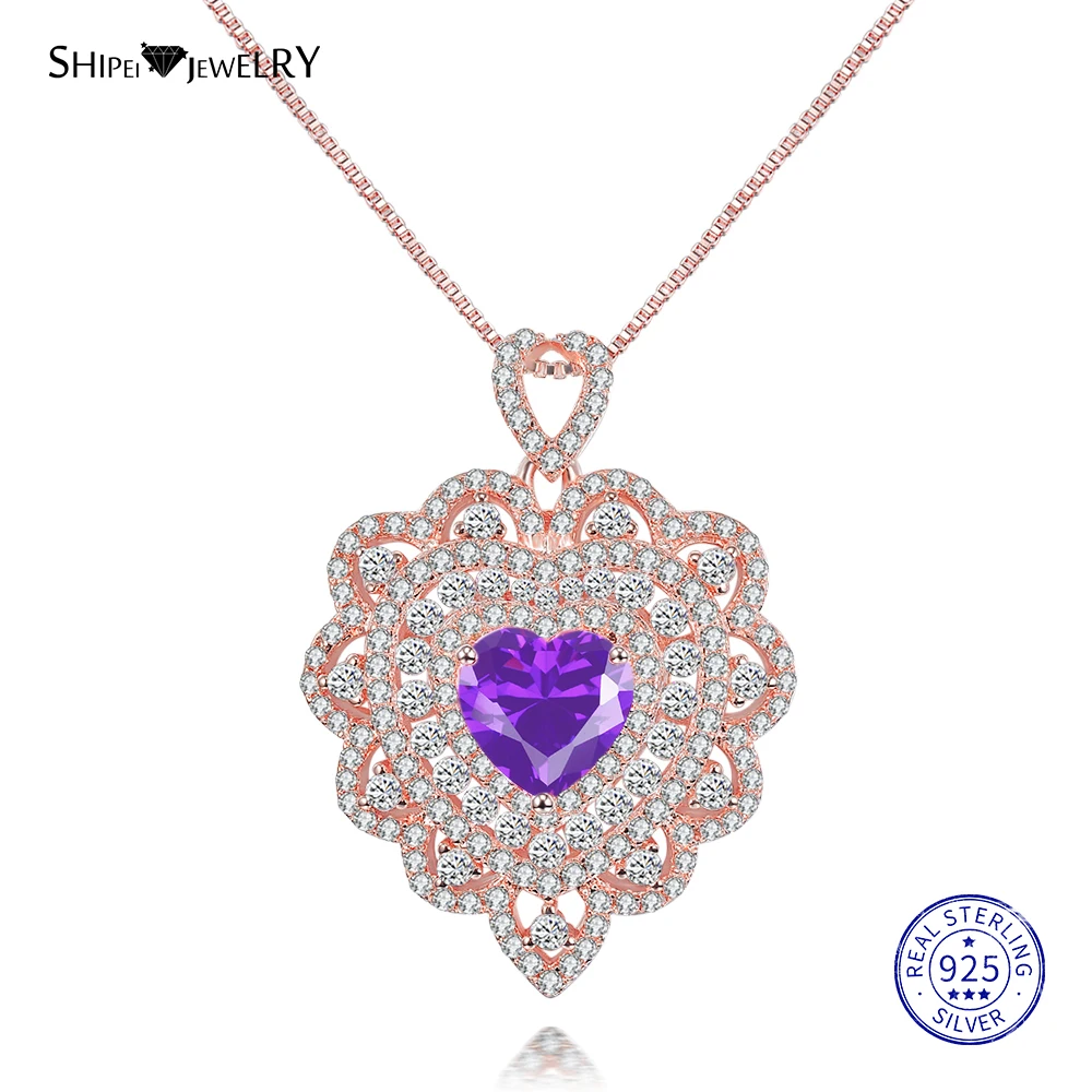 Shipei 925 пробы Серебряное ювелирное изделие розовое золото Белое золото сапфир сердце кулон ожерелье для женщин Подарок на годовщину
