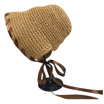 

Handmade Straw Hat Spring and Summer New Japanese Ins Collapsible Loli Wind Ribbon Laced Straw Hat Travel Sun Hat Khaki