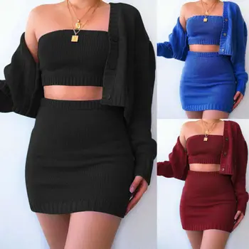 

Fashion Two Piece Set Ladies Casual Long Sleeve Sweater Cardigan Coat Open Front Jacket + Skirts Woman Clothes