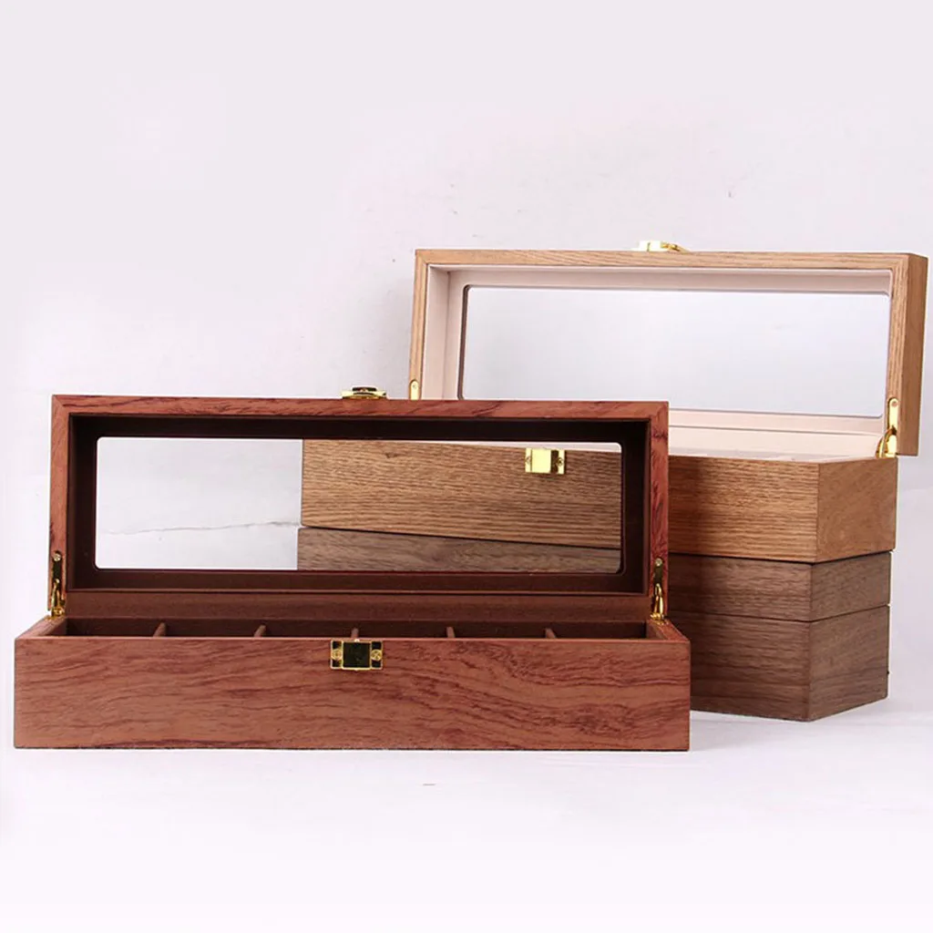 Wooden Watch Box Case Organizer Display for Men Women 6 Slots Wood Box with Clear Glass Top Vintage Style with Metal Buckle