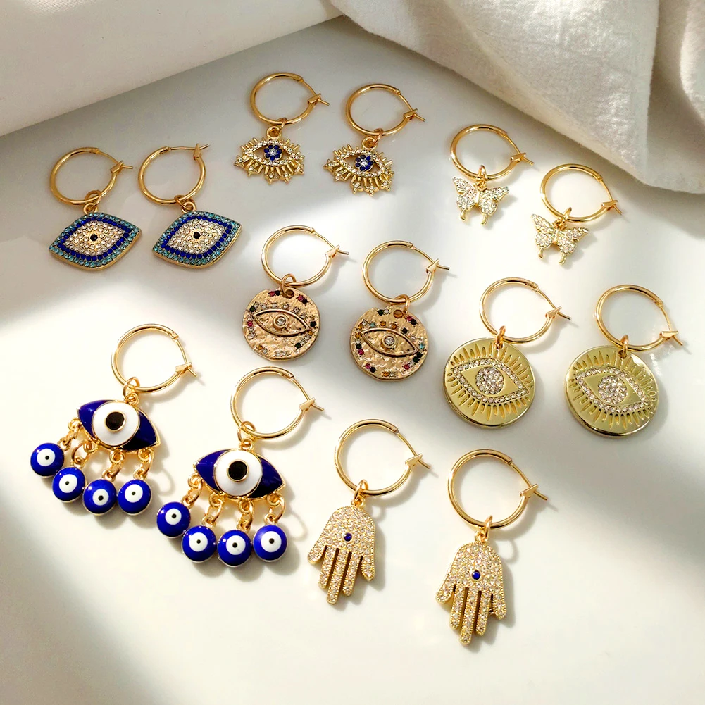 Trend Boho Blue Hollow Evil Eye Hoop Earrings for Women Gold Color Crystal Eyes Circle Huggies Hoop Earring Gifts Jewelry 2022