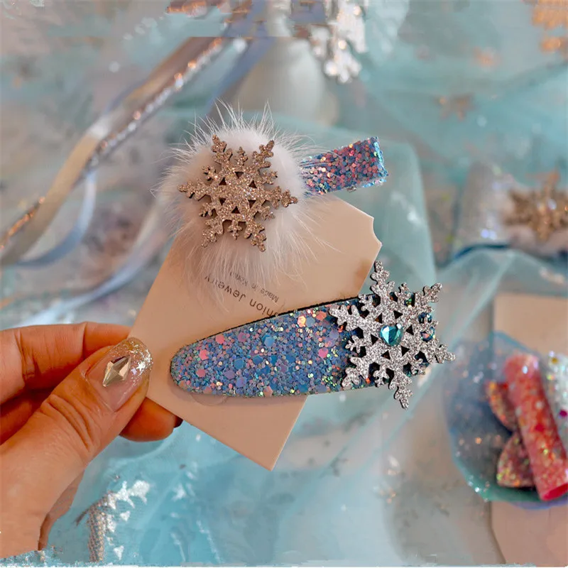 5pcs/lot Christmas Glitter Snowflake Hair Bows For Girls Handmade Double Layered Hairgrips Dance Party Girls Hair Accessories