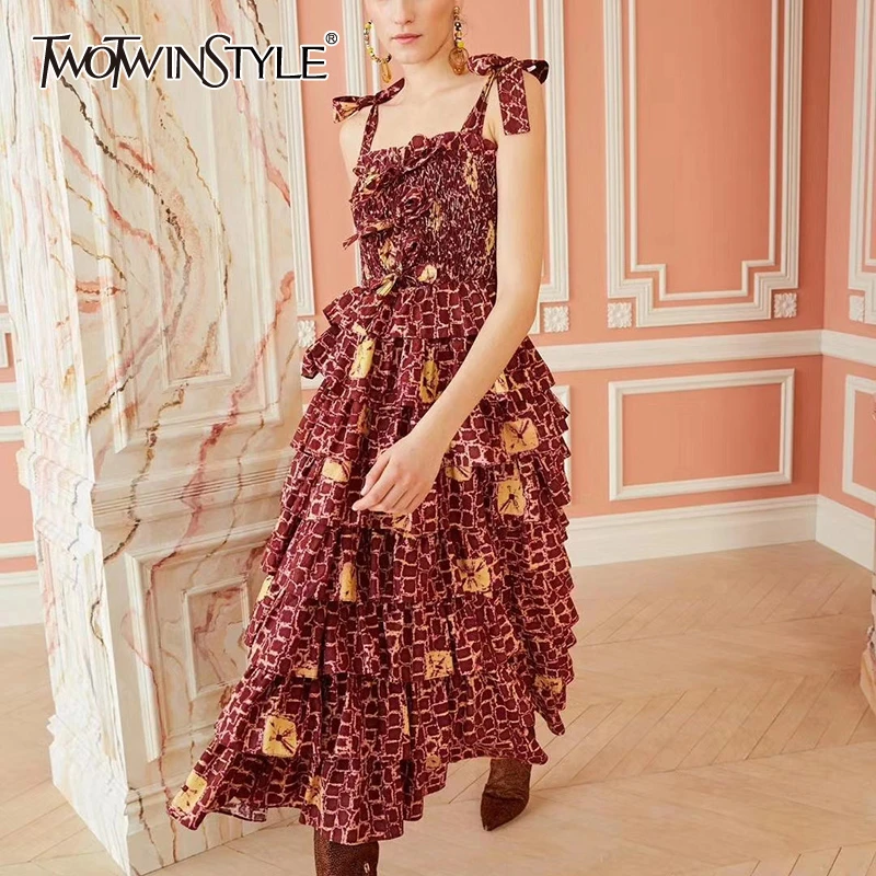 TWOTWINSTYLE Vintage Dress Women Square Collar Sleeveless Spaghetti Strap High Waist Patchwork Ruffle Bow Dresses Female Fashion TWOTWINSTYLE Vintage Dress Women Square Collar Sleeveless Spaghetti Strap High Waist Patchwork Ruffle Bow Dresses Female Fashion