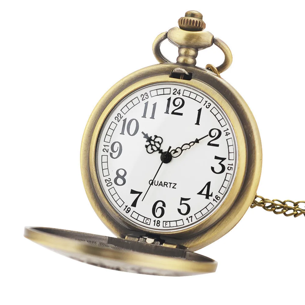 Unique Retro Bronze Train Front Locomotive Engine Design Necklace Pendant Quartz Pocket Watch With FOB Chain Mens Womens Gifts