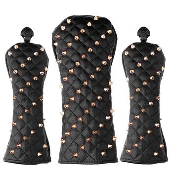

Golf Head Cover for Driver Fairways #3 #5 Hybrids PU Leather Rivets Golf Club Head Protector White Black
