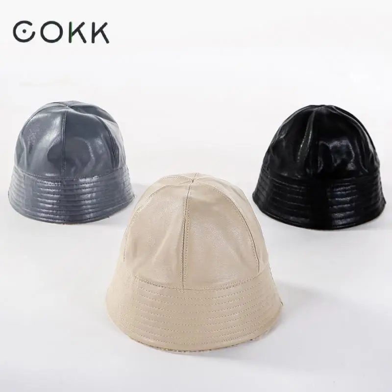 COKK, мягкая кожаная шапка-ведро для женщин, зимняя шапка, толстая, теплая, бархатная, модный дизайн, Корейская шапка, женская, Gorras, с обеих сторон, плоский верх
