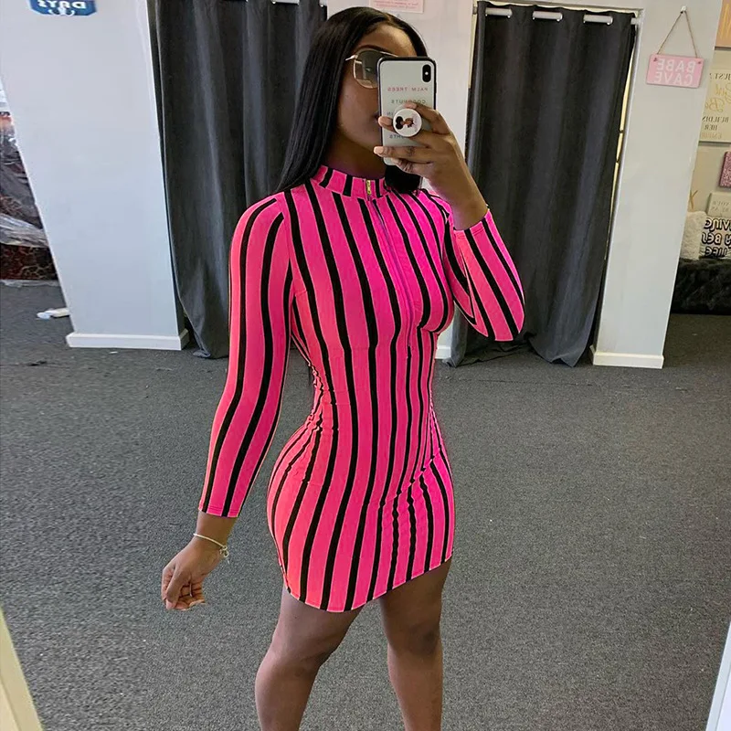 Women Elegant High Neck Long Sleeve Striped Zipper Rose Red Bodycon Summer Dress 2020 Fahion Female Casual Party Vestidos |
