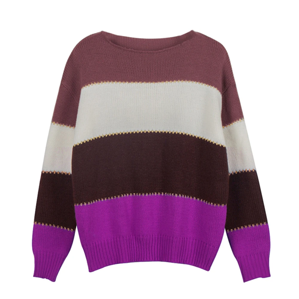 Adisputent 2020 New Spring Female Casual Patchwork Sweater Women O-neck Long Sleeve Knitted Pullover Female Loose Stripe Jumper