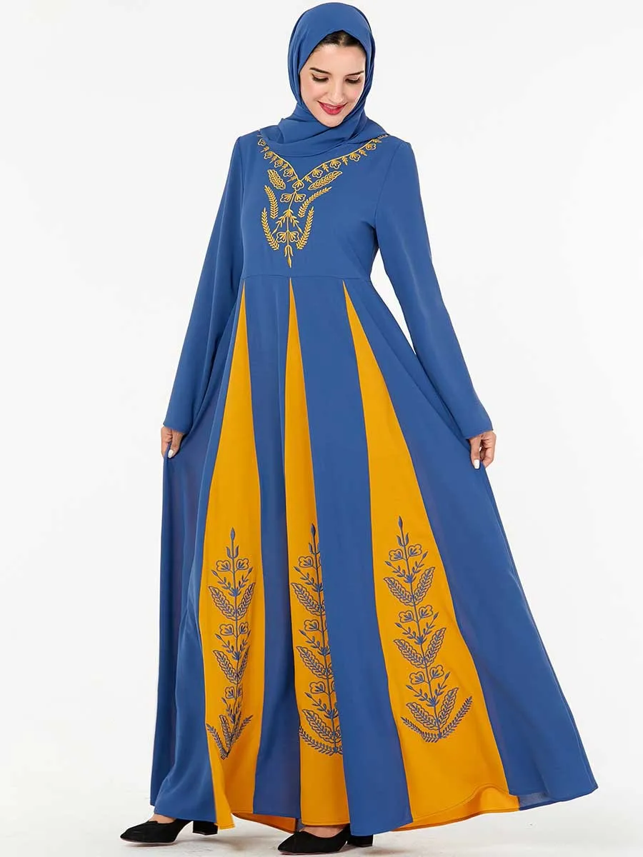 Размера плюс с длинным рукавом Цвет Блок Макси платье вечернее платье для женщин мусульманское длинное платье Абая Islma одежда Рамадан Дубай, Турция
