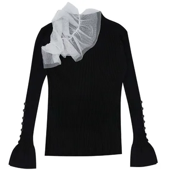 

Women Sweater Mesh Patchwork Color Matching Flare Sleeve Pullovers Women Sweaters Black White Green Knitting Tops 2020 IRZ7