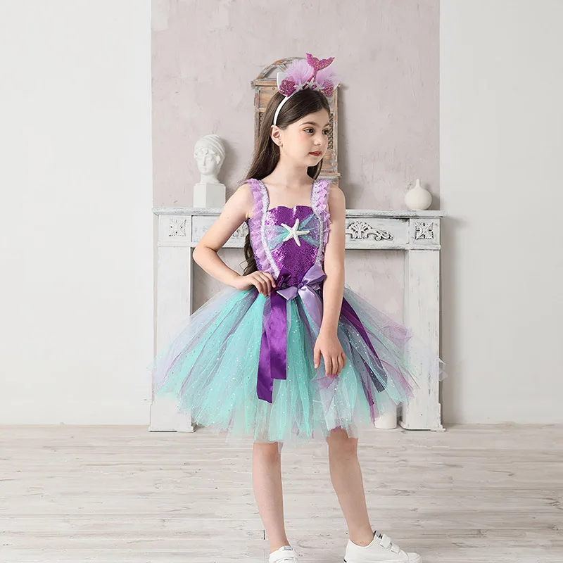 Mermaid Teal and Pearls Sparkly Tutu Dress for Girls Birthday Party Pageant Princess Dresses Kids Starfish Halloween Costume (9)