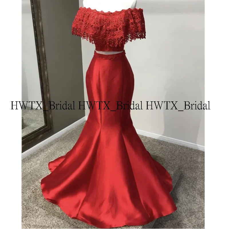 HWTX_Bridal, новинка, два предмета, платья для выпускного вечера,, длинное сексуальное сатиновое вечернее платье русалки, вечернее платье с кружевом, с открытыми плечами, на заказ