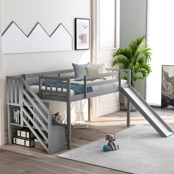 

Twin Loft Bed Bunk Bed Low Solid Wood Adjustable Slide Stairs for Kids Children Teens Bedroom Guestroom Frunitures White / Gray