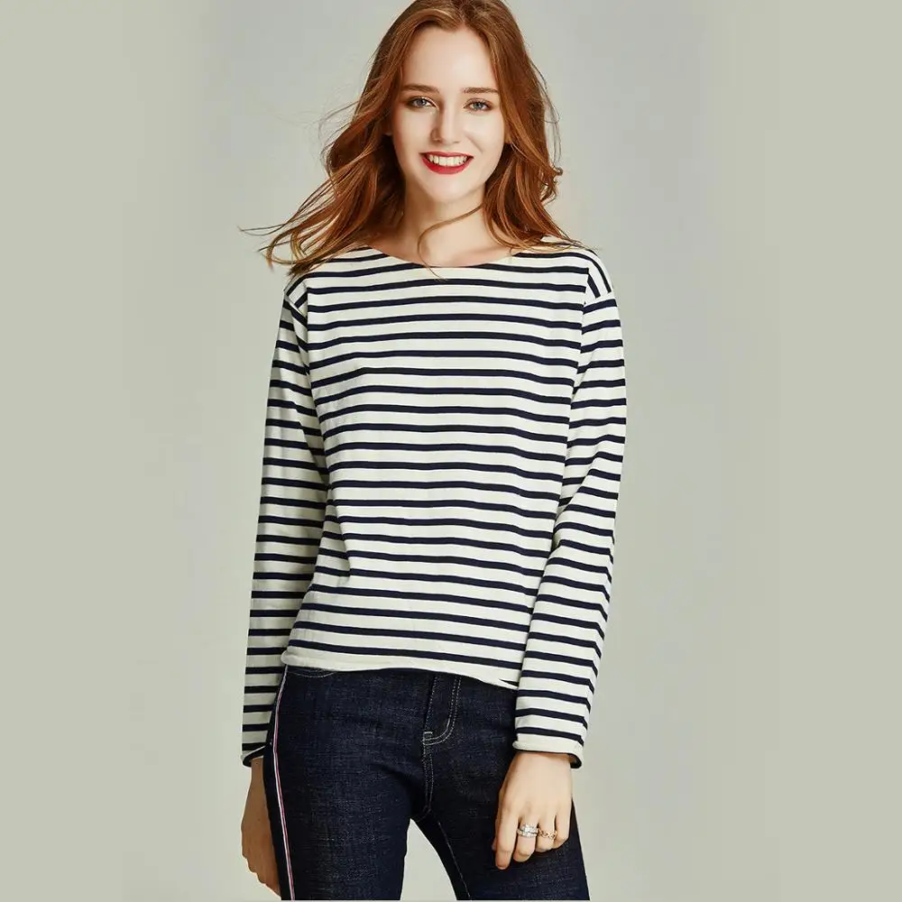 Striped Весенняя и Осенняя женская футболка с длинным рукавом в черно-белую полоску с круглым воротником, хлопковый топ T3202 - Цвет: Striped