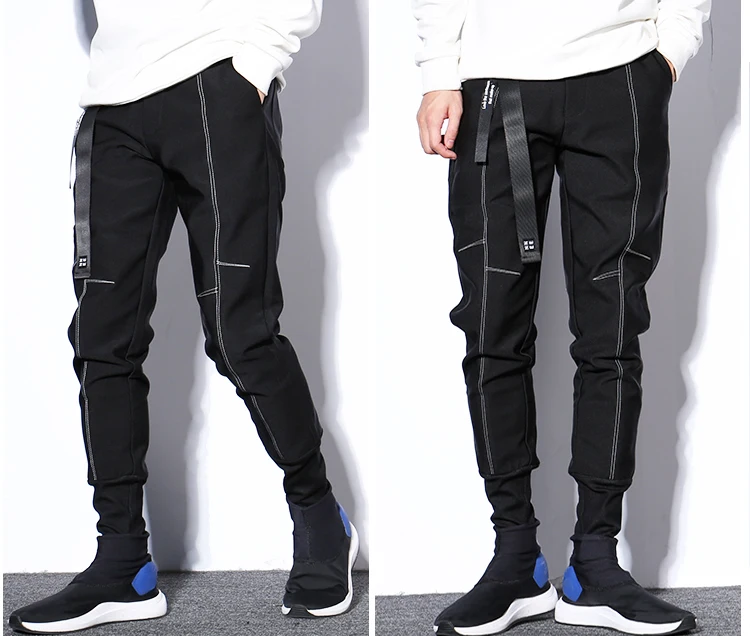 Мужские тонкие черные повседневные штаны с лентой мужские панк готические уличная хип-хоп шаровары джоггеры спортивные штаны