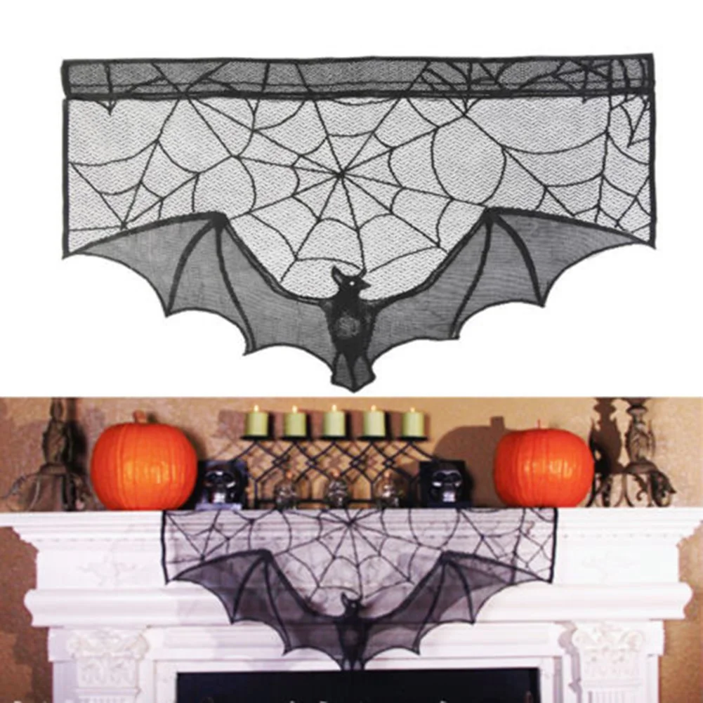 

Window Curtain 1PC Halloween Lace Black Bats Spooky Spider Web Door Curtain Lace Cobweb Bats Fireplace Mantels Valances Covers