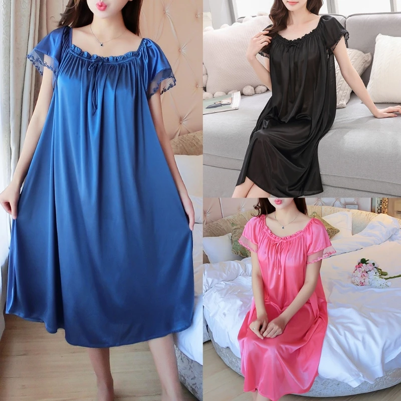 Womens Summer Lace Ice Silk Nightdress Short Sleeve Loose Plus Size Nightgown XL Womens Summer Lace Ice Silk Nightdress Short Sleeve Loose Plus Size Nightgown XL