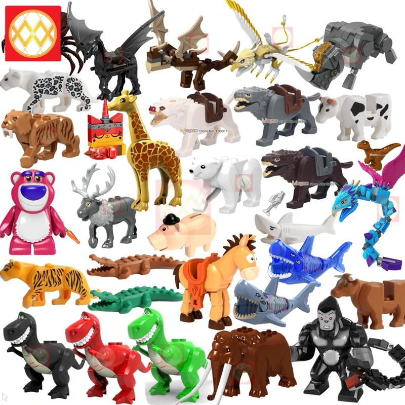 

Animal World Series Model Panther Snow Leopard Crocodile Tiger Cow Cattle Horse Shark Elk Building Blocks Set Bricks kits Toys