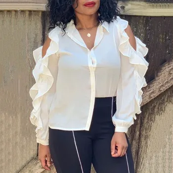

Plus Size White Cut Out Shoulder Long Sleeve Top Ladies Casual Loose Turn Down Collar Ruffles Office Blouse Shirts OL Clothes
