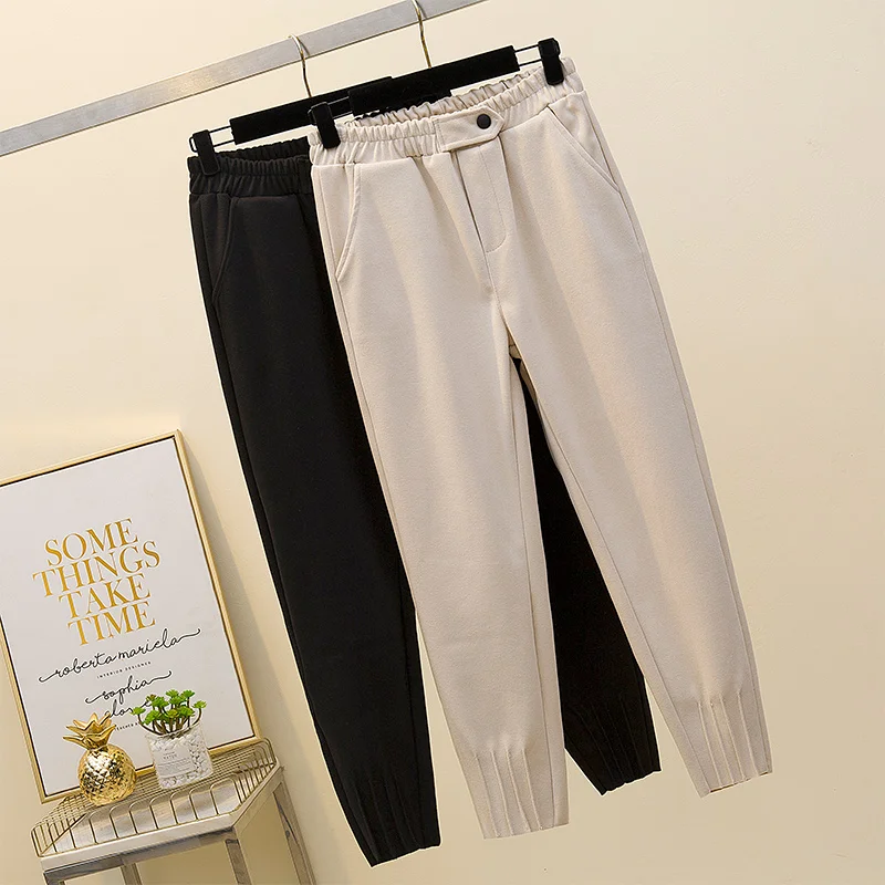 

Plus Size M-4XL Women Harem Elegant Trousers Solid Color Elastic High Waist Female Casual Pants Autumn New Woolen Pants