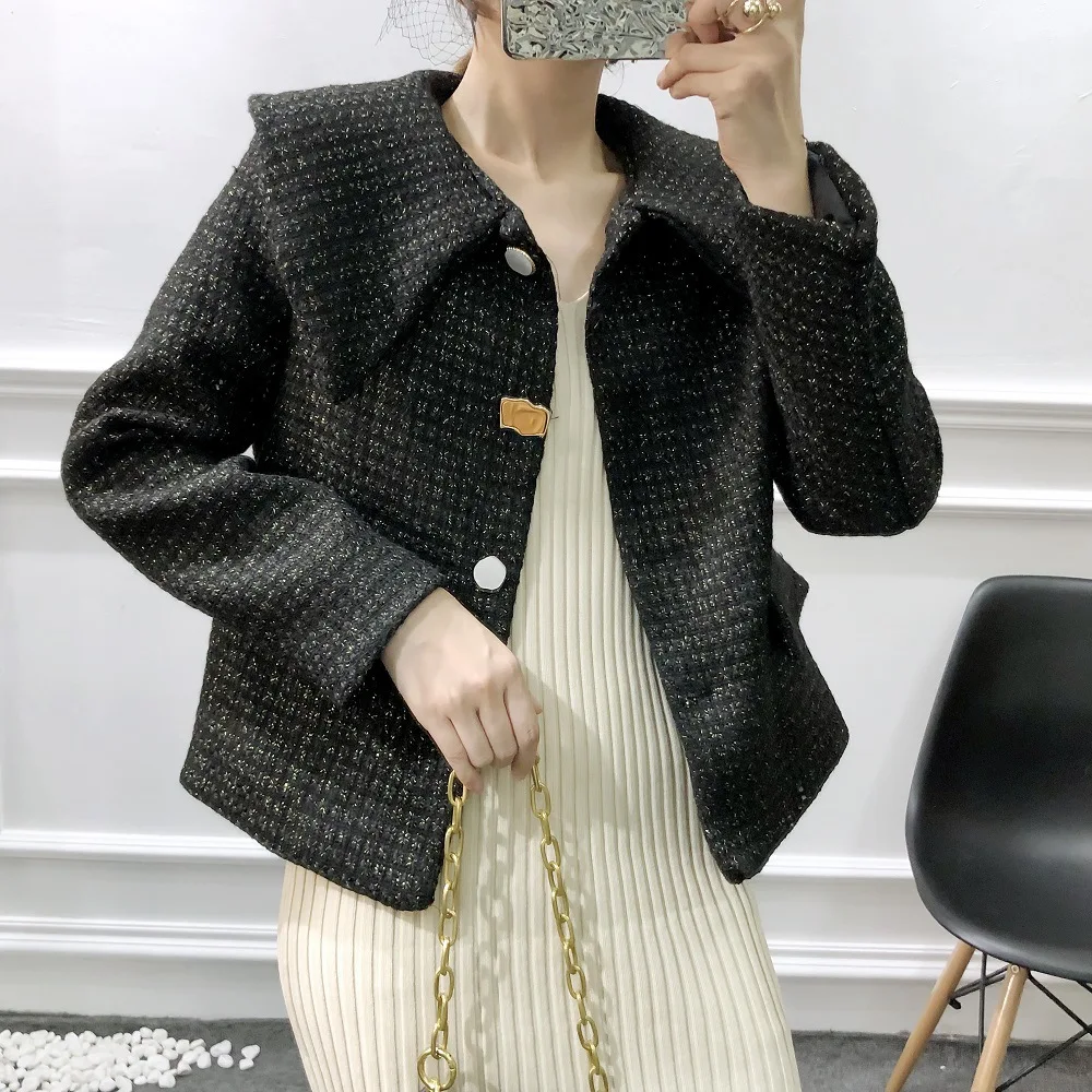 

F5917-Europe And America WOMEN'S Dress 2019 Spring And Autumn New Style Graceful Fold-down Collar Contrast Color Button Tweed Co