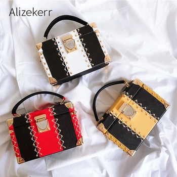 

Rivet PU Box Handbag Women Fashionable Korean Diamonds Lock Hard Panelled Small Square Evening Clutch Shoulder Bag Dinner Party