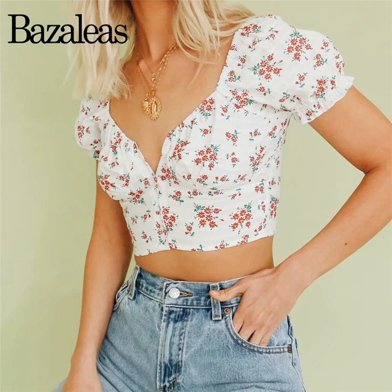 Женская винтажная укороченная блузка Bazaleas белая с цветочным принтом на