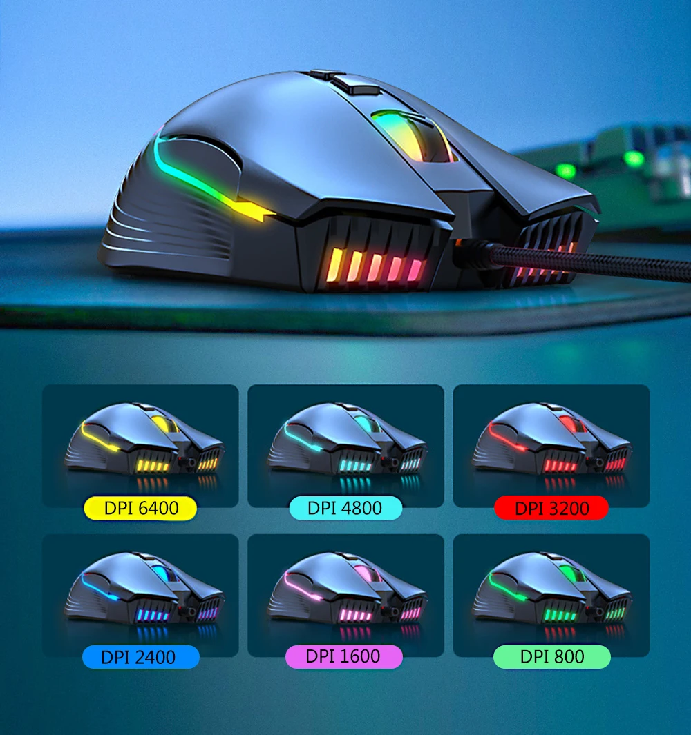 USB Wired Gaming Mouse, 6-Speed DPI Adjustable 6400DPI, 7-Button RGB Light Optical Mouse, Suitable For PC, Laptops, Gamer