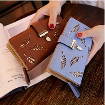

Girls Fashion Design Hollow Out Leaves Long Wallet Purses PU Leather Female Long Wallets Pouch Card Holder Wallet Coin Purse