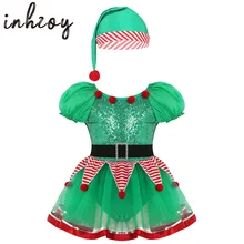  Kids Little Girls elf christmas Dress Sequin Tutu Festival Santa Costume With Hat Ballet Leotard Fancy Dress Outfits Green 