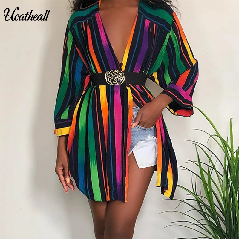 

Multicolor Colorful Striped Top Blouse Women Summer Autumn Casual Long Sleeve Buttons Blouses Female Loose